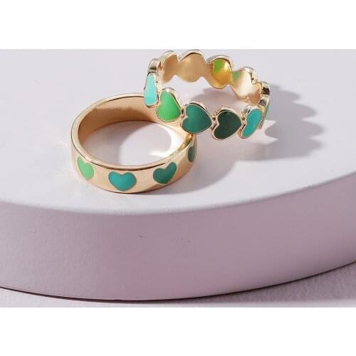 2 Pcs/set Enamel Love Heart Circle Rings for Women Multicolor Hand Painted Engagement Couple Rings Statement Finger Jewelry