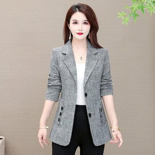 #5267 Grey Beige Blazer Women Single Breasted Slim Casual Ladies Blazers Office Korean Style Plaid Blazer Female Spring Autumn