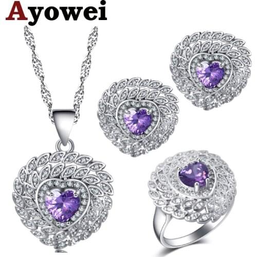 Ayowei For goodfriend heart-shaped purple zircon silver Earrings Necklace pendant Rings Jewelry Sets USA size#6#7#8#9#10 JS724A