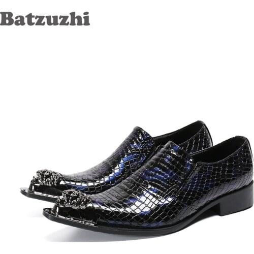 Batzuzhi Western Formal Mens Shoes Pointed Metal Tip Genuine Leather Dress Shoes Men Business Party Shoes Male Flats, Big Sizes