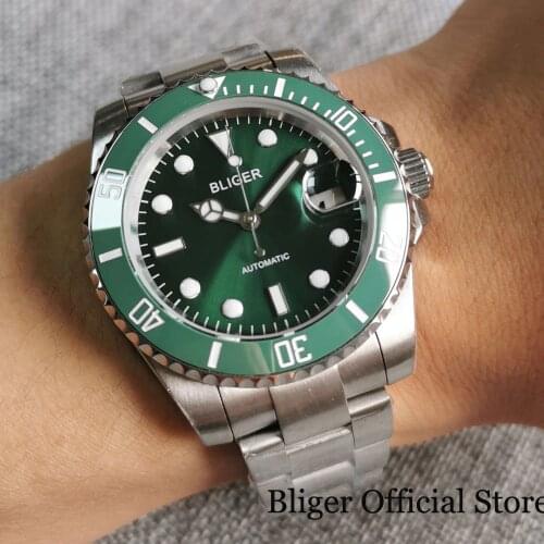 BLIGER Green Luxury Men Watch 316L Steel Case 24 Jewels NH35 MIYOTA 8215 Brushed Oyster Strap Sapphire Crystal Screw Crown