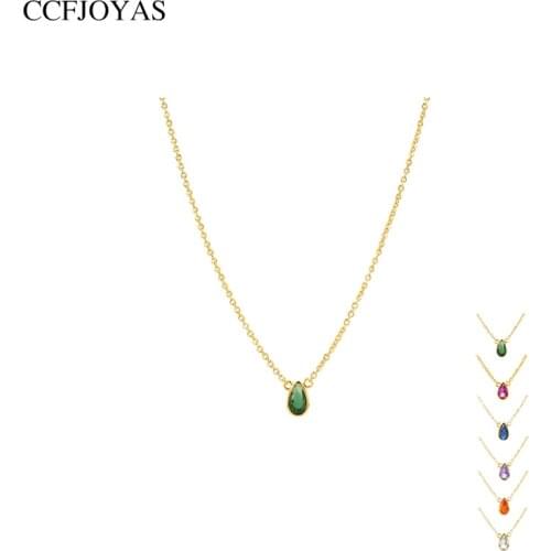 CCFJOYAS 925 Sterling Silver Gold color Chain Necklace Colorful Water Drop Zircon Necklace Wedding/Party/Anniversary Gift