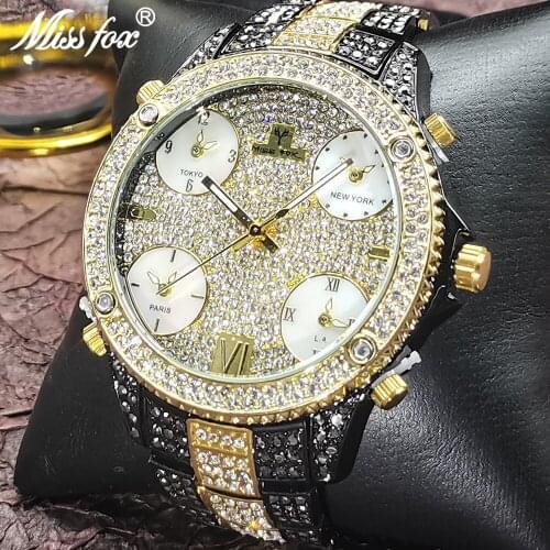 Hip Hop MISSFOX Iced Out Mens Watches Top Brand Luxury Diamond Watch Men Quartz Black Clock Silicon AAA Business Wristwatches
