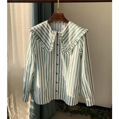 Elfstyle Ladies High-end 100% Cotton Contrast Stripe Or White Big Lapel Ruffled Blouse Shirt Top
