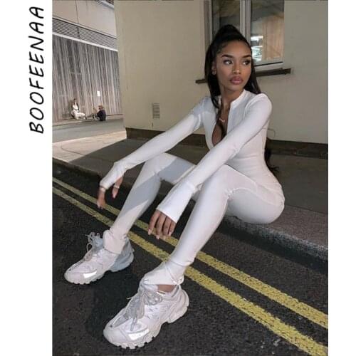 BOOFEENAA Zipper One Peice Jumpsuit Women Fitness Sports Sexy Outfits Black White Long Sleeve Bodycon Jumpsuits C66-CG28