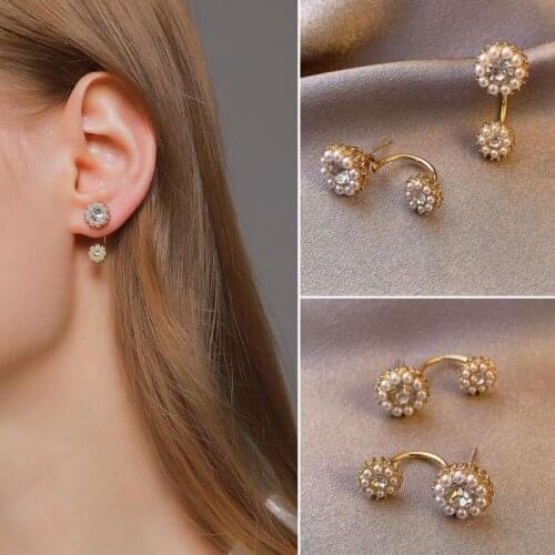 Korean Crystal Pearl Earrings Back Hanging Round Stud Earrings For Women Earing Jewelry Two Ways To Wear Sweet Sunflower Earings