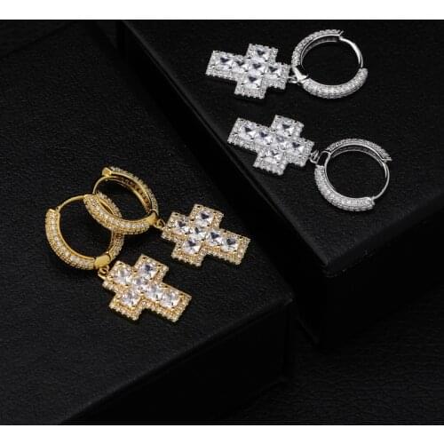 European And American Hip Hop Short Cross Earrings Full Of Zircon Chain Earrings Jewelry Holiday Gift Choice