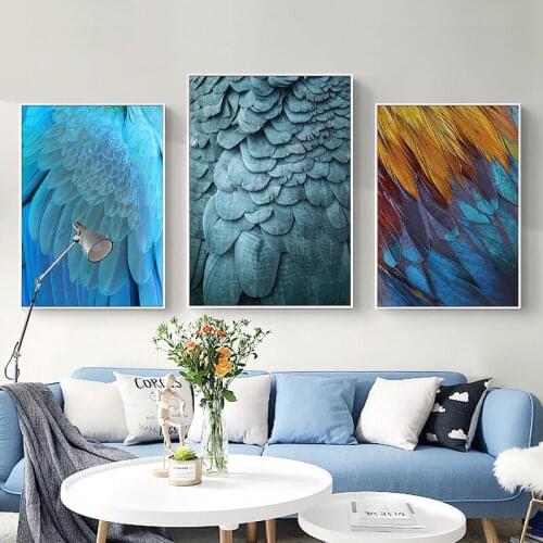 Colourful blue white peacocks birds Feather modern Nordic decorative Picture Canvas Wall Art Poster for living room hotel decor