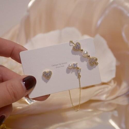 Creative Jewelry Gold Plated Heart Shaped Shining Zircon Inlaid Asymmetric Earrings Adjustment Earrings Female 2021 New
