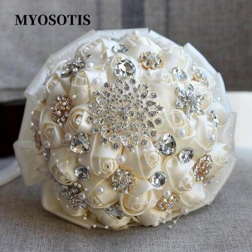 Handmade Ribbon Wedding Rose Flowers Rhinestone Bridal Bouquets Pearl Ivory Bride Holding Bouquet Fleur Artificielle Mariage