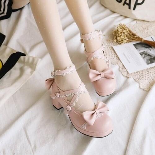 Lolita WOMENS Shoes Bow hong shang Yun Japanese-style Lolita Shoe Cute GIRLS round-Toe Semi-high Heeled Loli Shoes