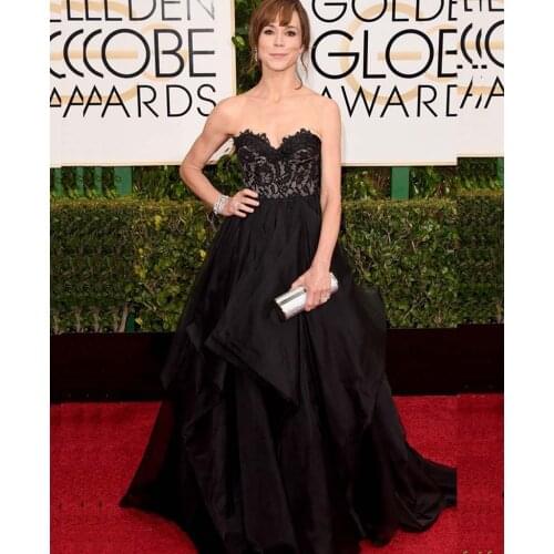 Fashion Sweetheart Floor Length Evening Dress Strapless Black Lace Appliques Prom Gown Custom Made