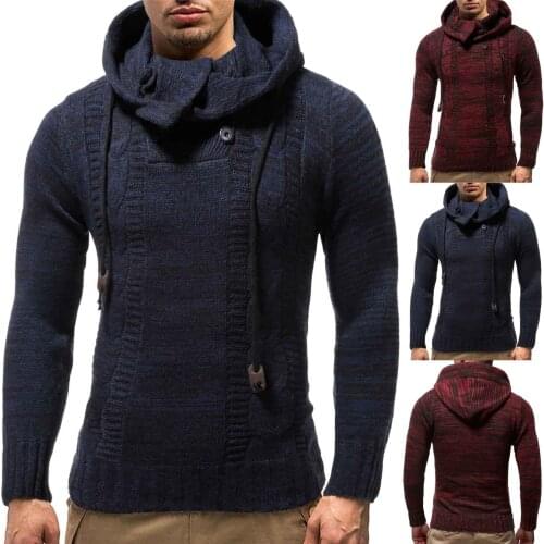 Mens Hoodie Knitwear Sweater Jacket Stitching Turtleneck Pullover Long Sleeve Slim Drawstring Hooded Outer Tops Autumn Winter