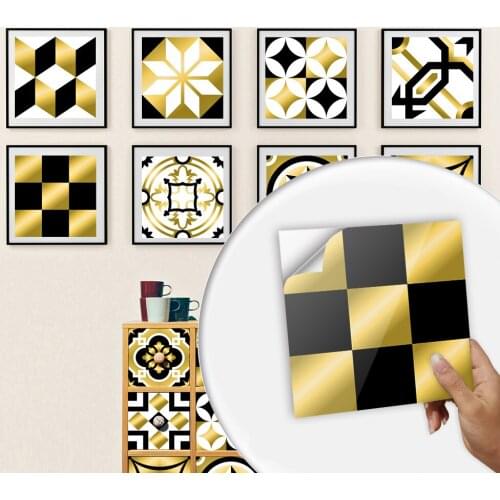 10pcs/Set Golden Black & White Hard Tiles Wall Sticker Kitchen Bathroom Tables Art Mural Waterproof & Oil-proof PVC Wallpaper