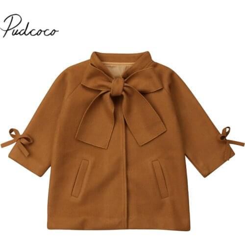 2020 Brand New Fashion Infant Kid Baby Girl Woolen Overcoat Winter Wool Coat Bow Long Sleeve Brown Slim Warm Outwear Jacket 2-8T