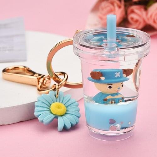 New Cartoon Anime Car Keychain Mini Milk Tea Cup Liquid Quicksand Sequin Key Ring Bag Flower Pendant fKeyring for Women Men