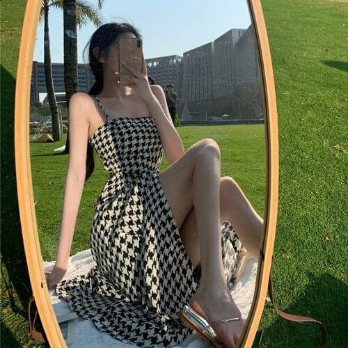 Sling Dress Female Summer French Retro A-Line Dress 2021New Houndstooth Split Long Dress Sexy Party Beach Elegant Holiday Skirt