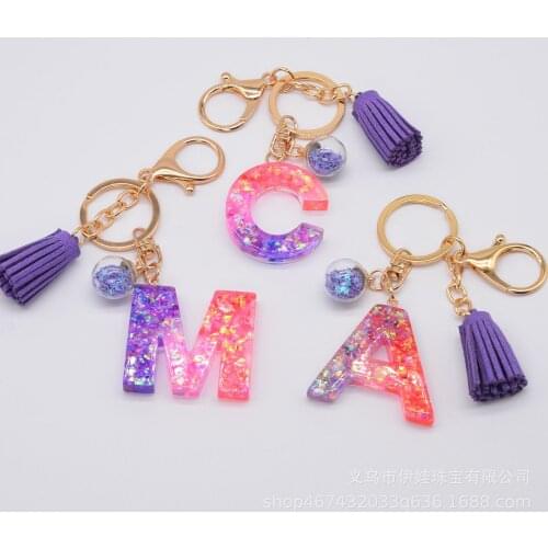 Resin Glitter Letter Keychain Color Contrast Splicing Tassel Pendant Purple Gutta Percha English Word Keychain