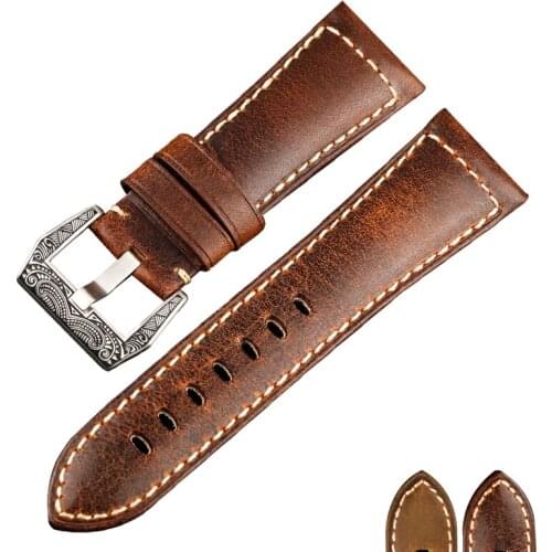 Handmade Leather Watchband For PAM47 44MM Dial Italian Calfskin Strap, 22MM 24MM 26MM Brown Mens Bracelet