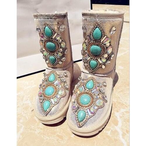 Luxury Bling Diamonds Turquoise Stone Embellished Snow Boots Winter Plush Warm Boots Handmade Ladies Mid-Calf Boots