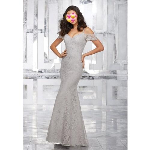 Sliver Lace Bridesmaid Dresses 2020 V Neck Beading Prom Party Gowns Wedding Guest Maid Of Honor Dress A Line off Shoulder