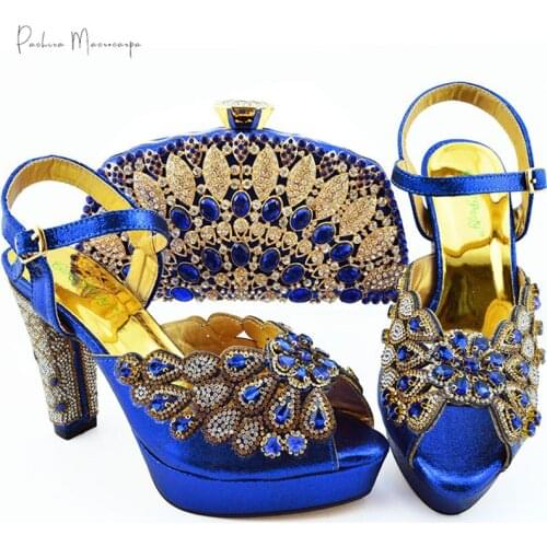 Nigerian 2021 Lastest Italian Design Fashion Crystal Style Royal Blue Color High Quality Women Shoes and Bag Set for Party