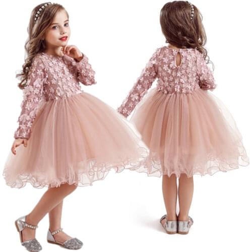 Autumn Little Girls Flower Lace Princess Dress Party Dresses Children Holiday Mesh Tutu Dress Kids Long Sleeve Casual Clothing