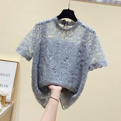Plus Size Lace Tshirt for Women 2021 Summer New Fashion Hollow Ladies Sexy Tops Blusas Mujer