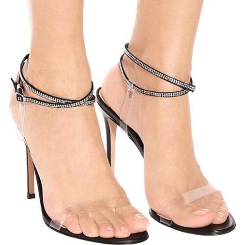 New Woman Sliver Black Crystal Rhinestone Clear PVC Summer Sandal Female Stiletto Heels Ankle Strap Party Runway Sandals Shoes