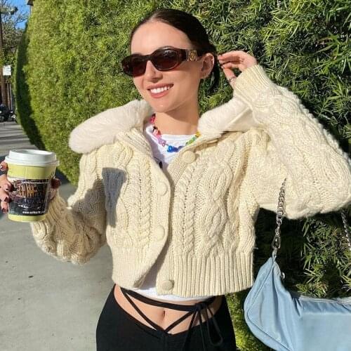 Y2K Knitted Sweaters Fur Trim Collar Women Autumn Casual Crop Top Button Twist Cardigans Streetwear Fashion Long Sleeve Knitwear