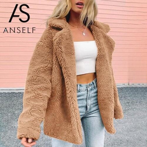 ANSELF Faux Fur Coat Women Teddy Bear Jacket Warm Fleece Long Sleeves Notched Lapel Collar Vintage Furry Long Overcoat Outwear