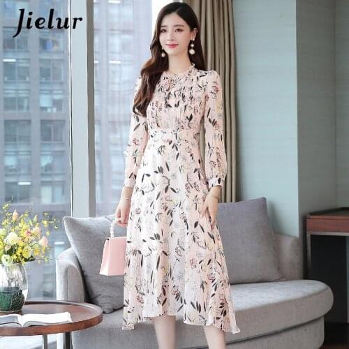 Jielur 2020 Dress Women Chiffon Autumn Dresses Pink Floral Print Dress Long Sleeve Robe Femme M-XXL Slim Vestidos De Verano