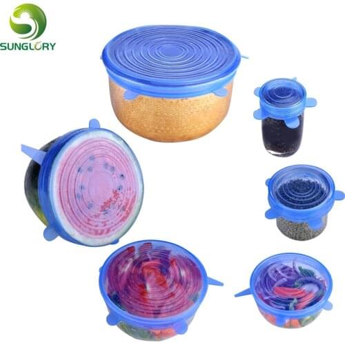 Sunglory 6PCS Reusable Silicone Stretch Air-tight Vacuum Lid Keep Fresh Leakproof Food Bowl Cover Lid Kitchen Silicone Food Wrap