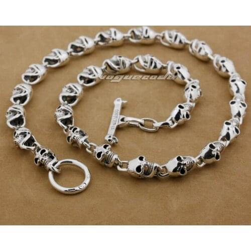 925 Sterling Silver Skulls Chain Mens Biker Rock Punk Necklace 8W004N