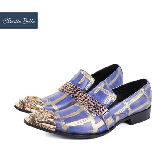 Christia Bella Fashion Brand Real Leather Men Party Shoes Chains Pointed Toe Formal Shoes Male Office Business Leather Shoes