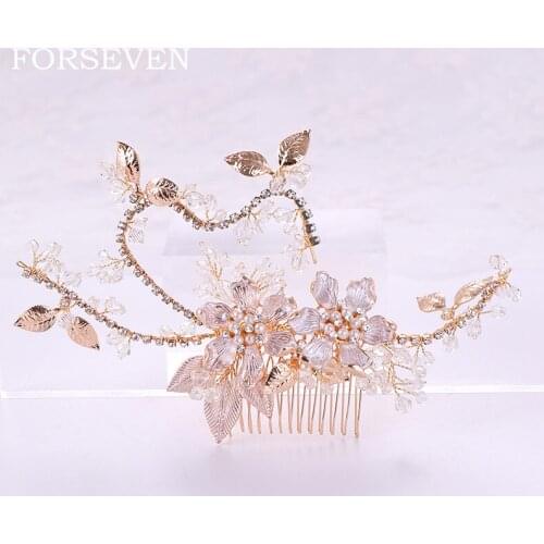 Floral and Pearl Hair Comb Golden Bride Head Jewelry Tiaras Headbands Rhinestone Pearl Hair Comb Bride Accessories Headpiece