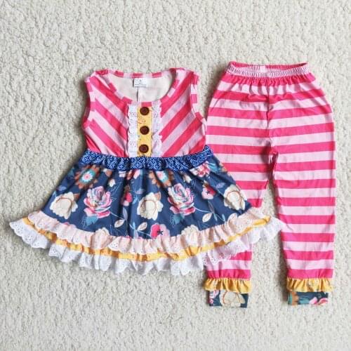 Spring/Fall Infant Kids Sleeveless Tunic Floral Pattern Stripe Pants Baby Girls Outfits
