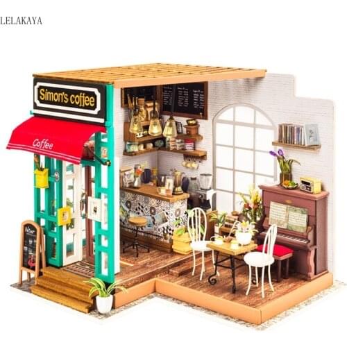 DIY Simons Coffee With Furnitures Children Adult Miniature Wooden Dollhouse Model Building Kits No Cover Dollhouse Toys DG109