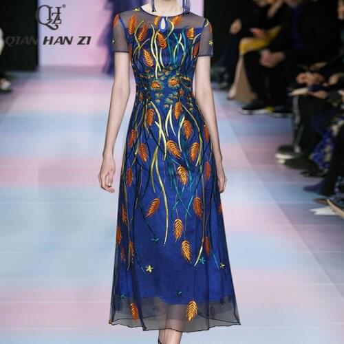 Qian Han Zi designer fashion runway Maxi dress short sleeve see-through mesh gauze waist embroidery flower long dress 2021 summe