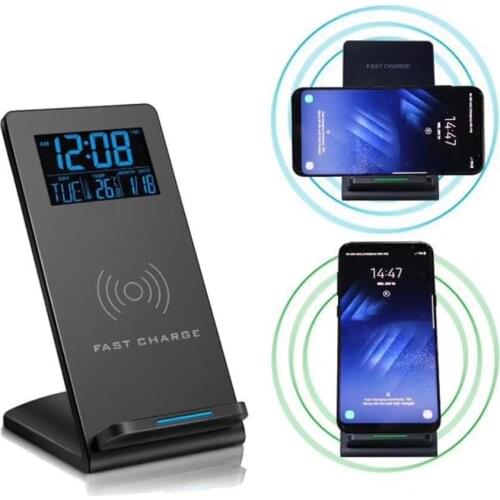 Electric Alarm Clock with Wireless Charging Stand Desktop Phone Holder Charger for Samsung iPhone Temperature LCD Digital Clock
