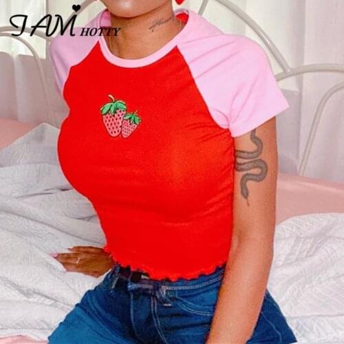 Kawaii y2k Strawberry Embroidery Patchwork T-shirt Women Summer Short Sleeve Cotton Crop Top Tee Harajuku Streetwear 90 Iamhotty
