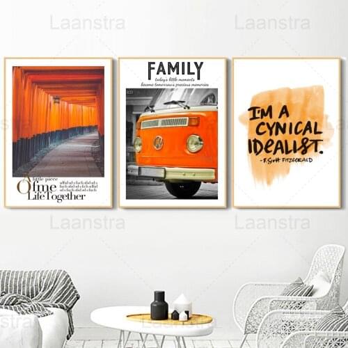 Depth Sense Orange Home Decoration Painting Vehicle Retro Old Photos Feel Living Room Wall Canvas Poster Black Simple Text Decor