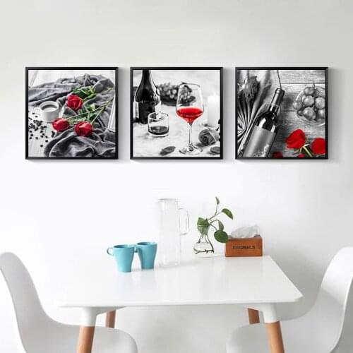 Red Wine Rose Nordic Canvas Painting Print Wall Art Sweet Home Decor Modern Poster Picture Art Painting for Romantic Restaurant