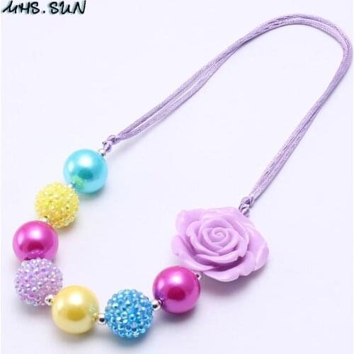 MHS.SUN Handmade Kid Chunky Rose Flower Necklace Fashion Adjusted Rope Bubblegum Chunky Bead Necklace Girl Children Jewelry
