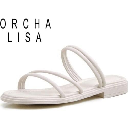 ORCHA LISA 2021 Fashion Concise Slippers Narrow Band Solid Open Toe Slip On 2cm Chunky Heel Shoes Size 34-40 Black Beige A4260
