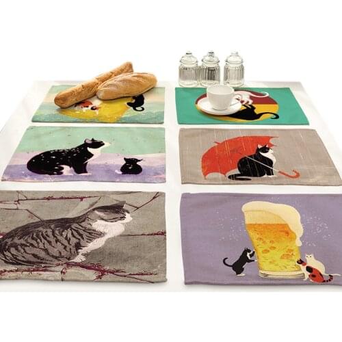 Cartoon Animal Cotton Linen Cloth Art Insulation Food Mat Cute Cat Beer Printing Placemat for Dining Table Drink Coasters Set