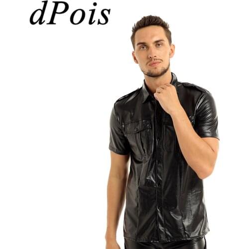 Adult Mens Leather Police Uniform Shirt Tops with Press Buttons Down Collar For Male Stage Costumes Cosplay Rave Dance Clothing