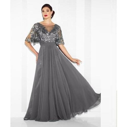 Charming Gray Sequined Boat Neck Half Sleeve Mother of the Bride Dresses Chiffon Back Out Wedding Party Gowns 2020 New