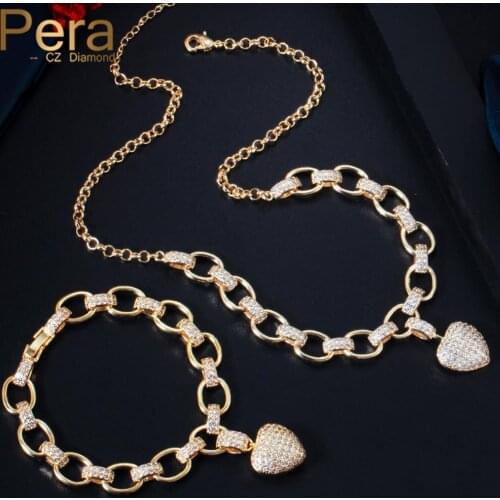 Pera Bohemian Style CZ Zircon Yellow Gold Romantic Love Heart Pendant Necklace Bracelet Jewelry Sets for Ladies Party Gift J377