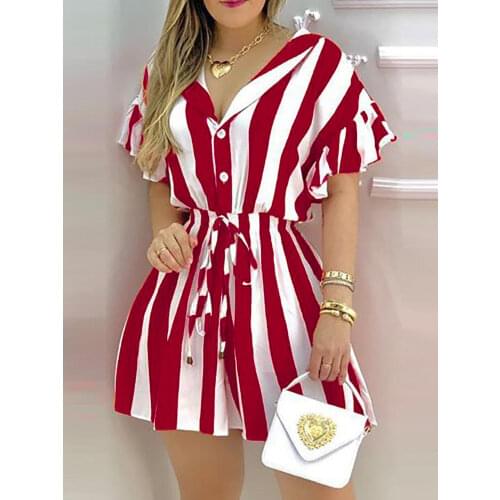 Striped Colorblock Ruffles Shirt Dress Women Short Sleeve V Neck Mini Work Dress